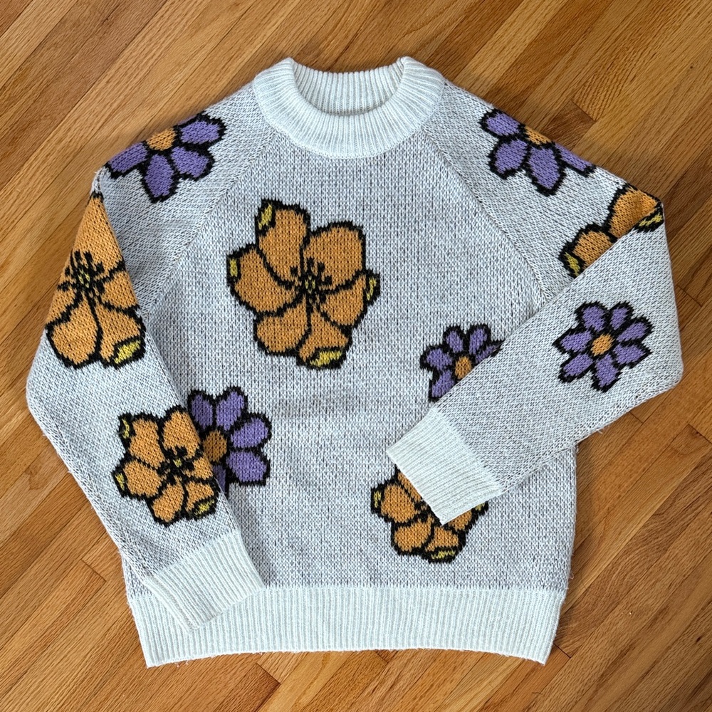 Floral Knit Sweater - Cream, Orange, Purple
